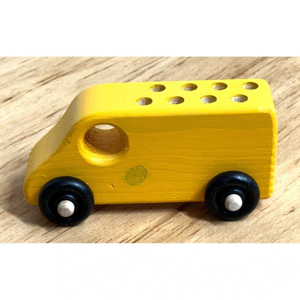 Vintage Yellow‎ Wooden Toy Bus Miniature Rolling Van Montessori Waldorf Toy